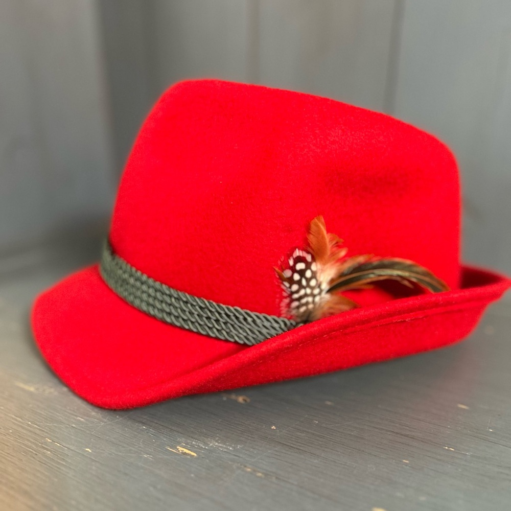 Red Fedora Hat with Feather Accent - German | Octoberfest